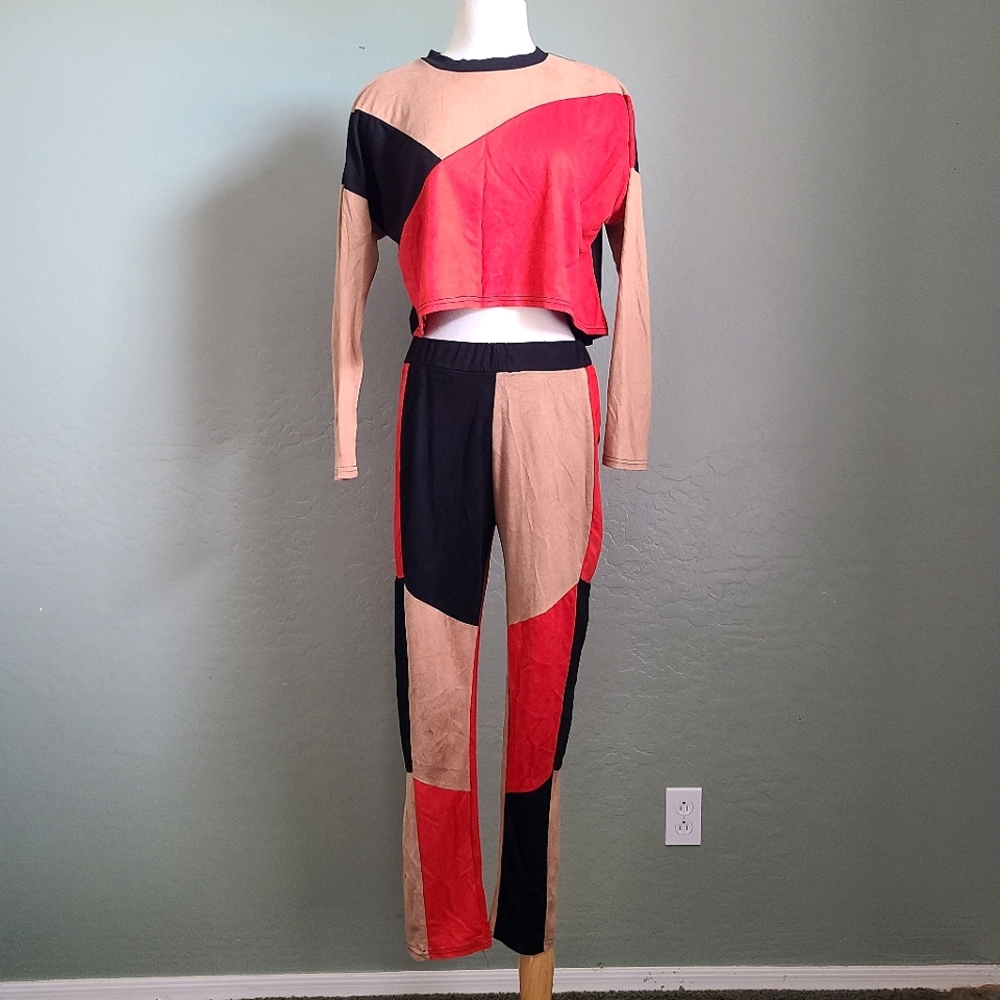 Color Block 2 Piece Pants & Top Set Street Ware Athleisure Ware Stretchy S - M